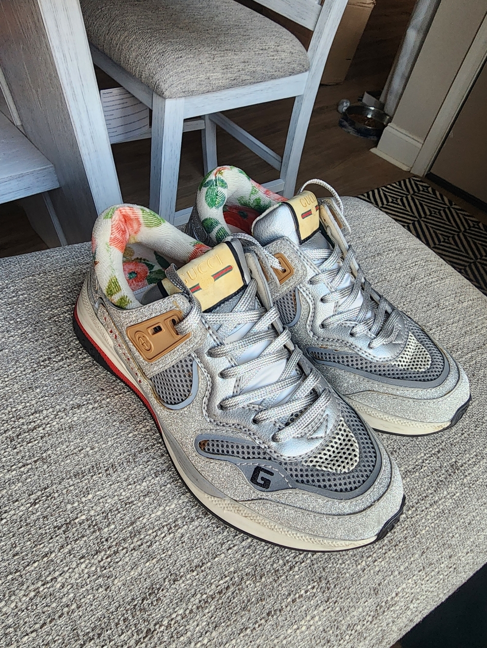 Authentic Gucci Gray Metallic Mesh Sneakers with Floral Liner